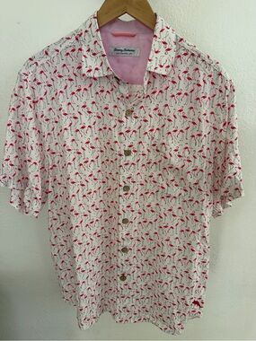 Tommy Bahama Veracruz Cay Flamingo Print Camp Shirt Men’s M Pink White